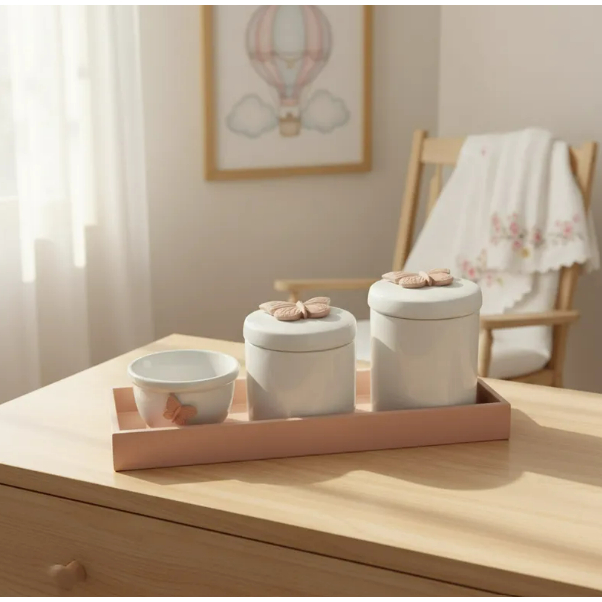 Kit Higiene Bebê Borboleta Bandeja Retangular Quarto Menina K052