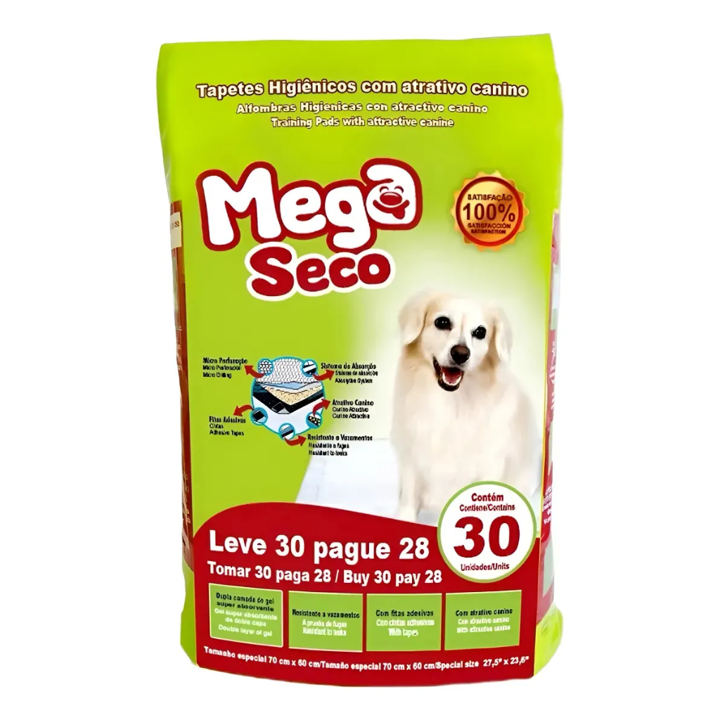 Tapete Higiênico Mega Seco 65x60cm 14 ou 30 Unidades Branco/verde Água com Atrativo