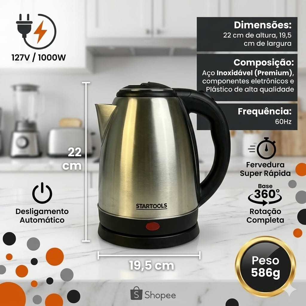 ⚡ Chaleira Elétrica 2L Inox 1000W Fervedor Água Rápido Jarra Base 360° Desligamento Automático 127V