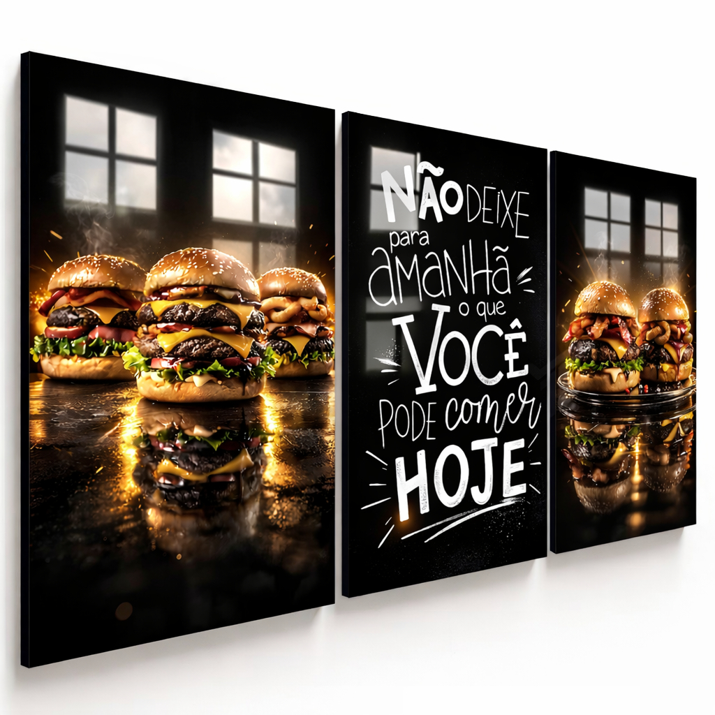 Quadro Decorativo Lanchonete Lanche Hamburguer Hamburgueria Comercio Kit 3 peças