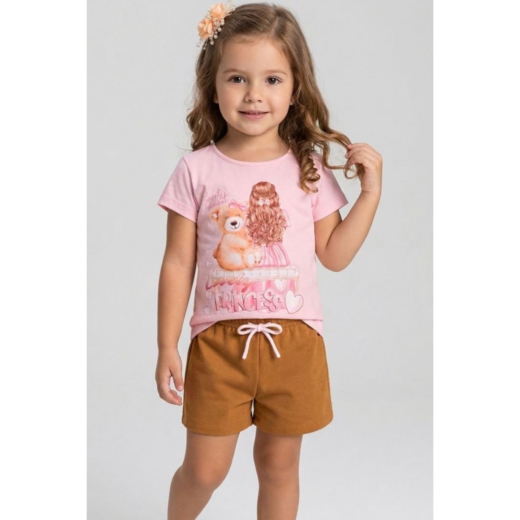 Conjunto Infantil Menina Roupa Verão Blusa Princesa e Shorts Confortável Elástico Tamanho 4 ao 14