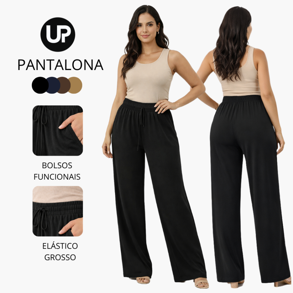 Calça Pantalona Feminina Tecido Duna Premium Cintura Alta com Elástico e Bolsos Conforto Elegância