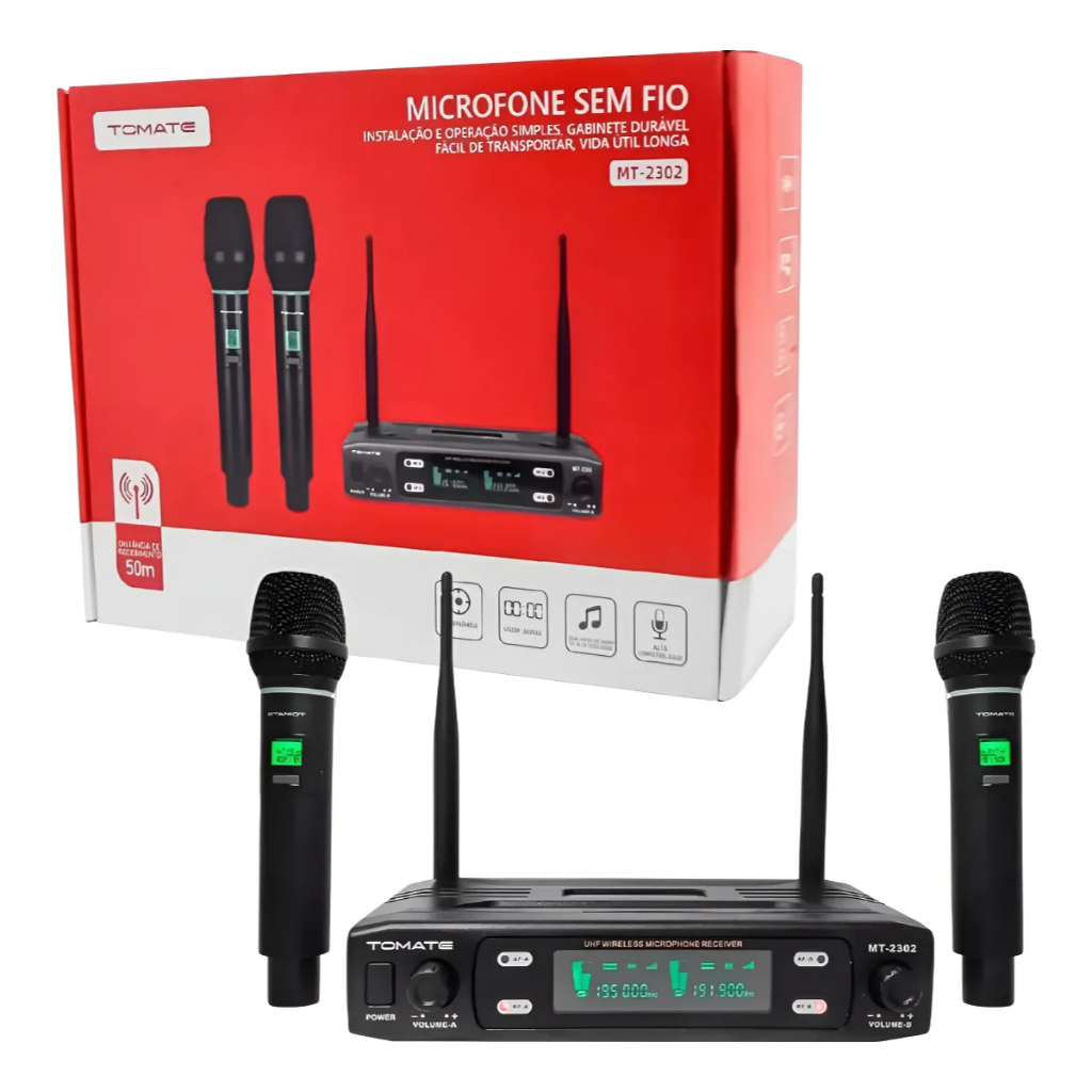 Microfone Sem Fio Tomate MT-2302 Profissional Duplo UHF Receptor