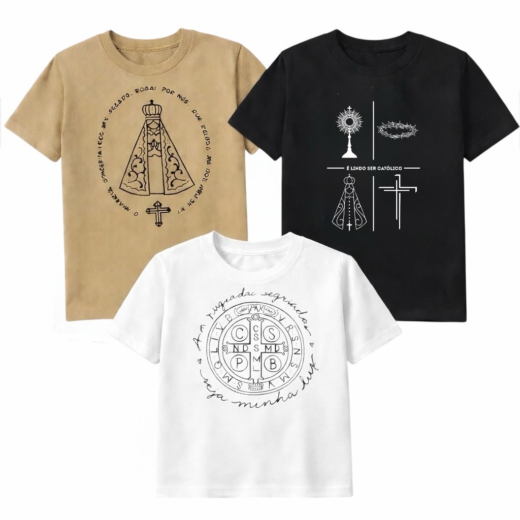Kit 3 Camisetas Unissex Nossa Senhora Aparecida Medalha São Bento 🙏Religioso Católico | 100% Algodão