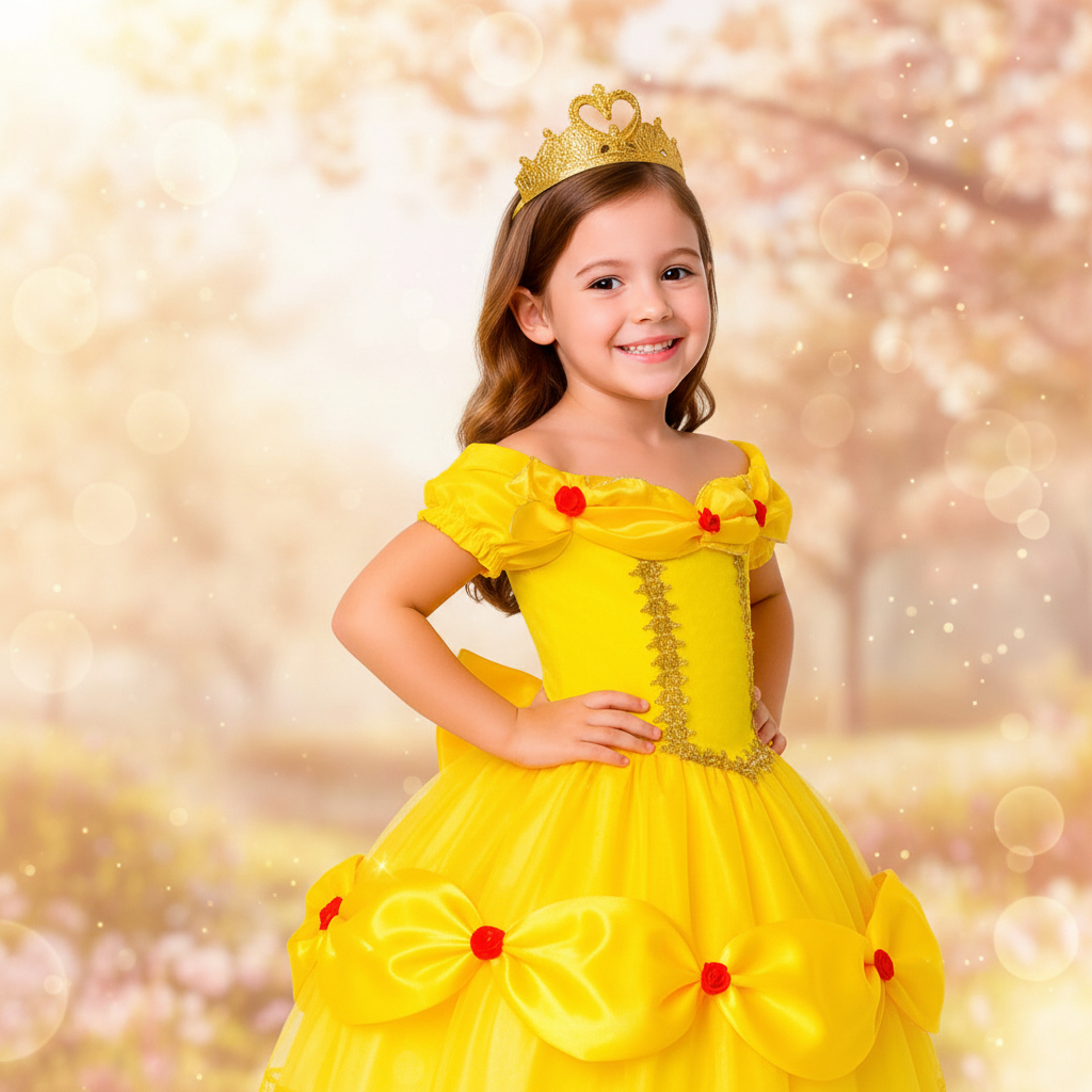 Fantasia Princesa Bela Luxo Infantil Com Brilho + Brinde Tiara Coroa Festa Temática Aniversário