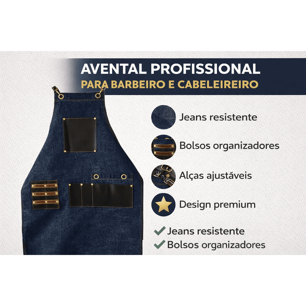 Avental Profissional Barbeiro Jeans Com Bolsos Couro Barbearia