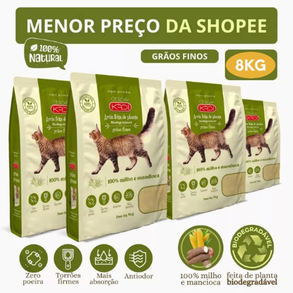 Kit 4 Areia Biodegradável Kadi Grãos Finos Gatos Grão Fino Cat Gato Kit Total 8KG Milho Mandioca Bio