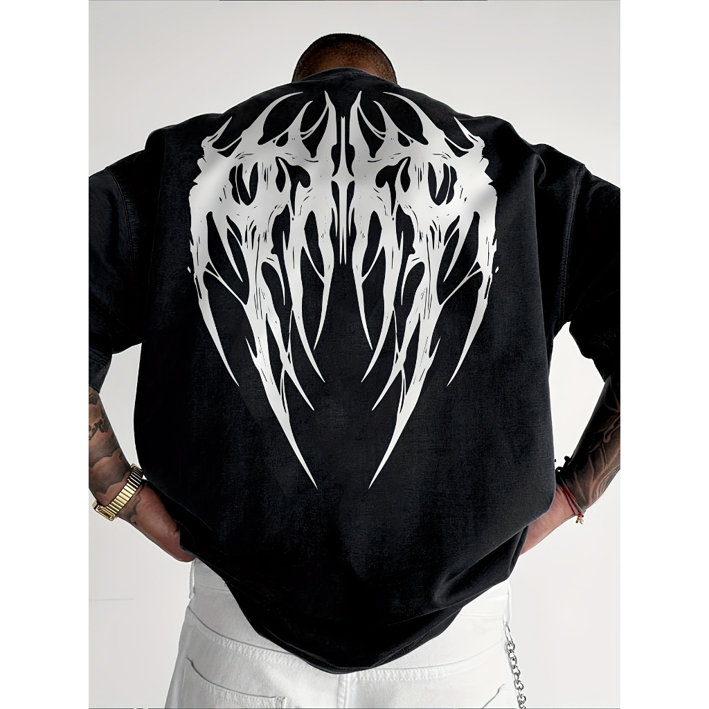 Camiseta 100% algodao Casual de Manga Curta com Estampa Estilo Gótico em Formato de Asa, Moda Jovem Masculina