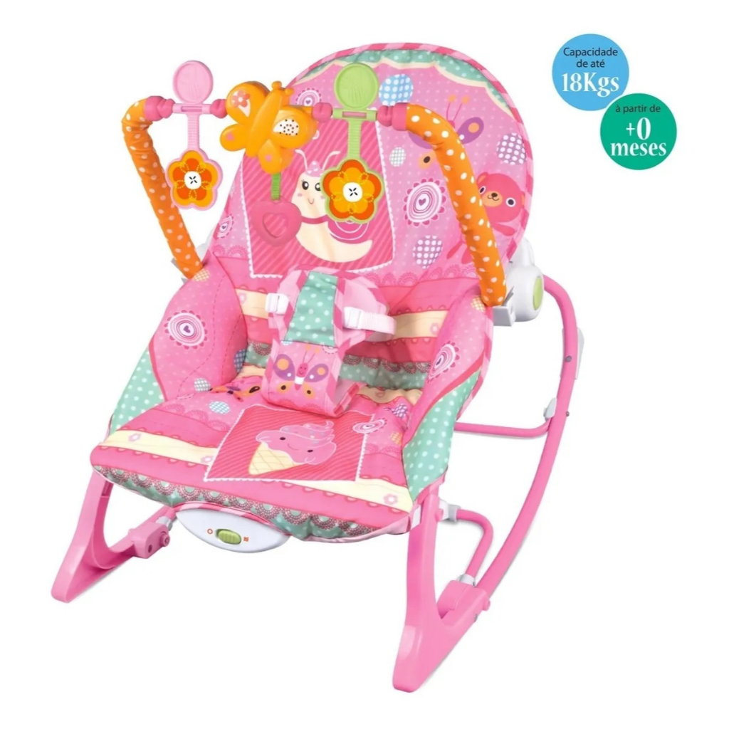 Cadeira de Descanso e Balanço para Bebê Maxi Baby Fun Time Rosa Musical com Vibração