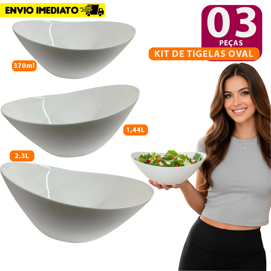 Kit jogo de 3  tigelas Travessas Oval branca Saladeira em Vidro Temperado opaline Cumbuca Bowl