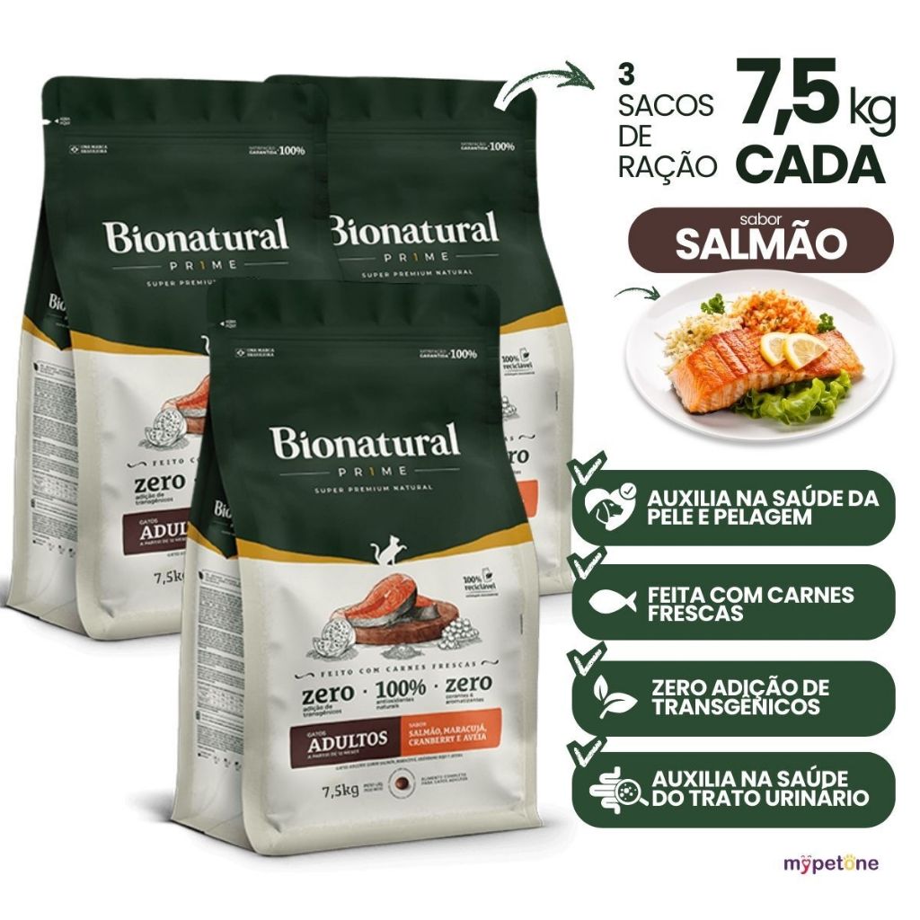 3 Ração Bionatural Prime Gatos Adultos Salmão 7,5kg Premium Nutrição Completa
