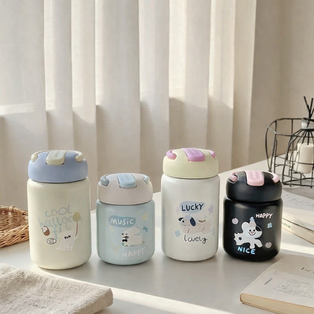 Garrafa Térmica Copo Infantil Aço Inox Com Alça e Canudo Colorida Desenho Animais 260ml Ou 360ml em Oferta na Shopee