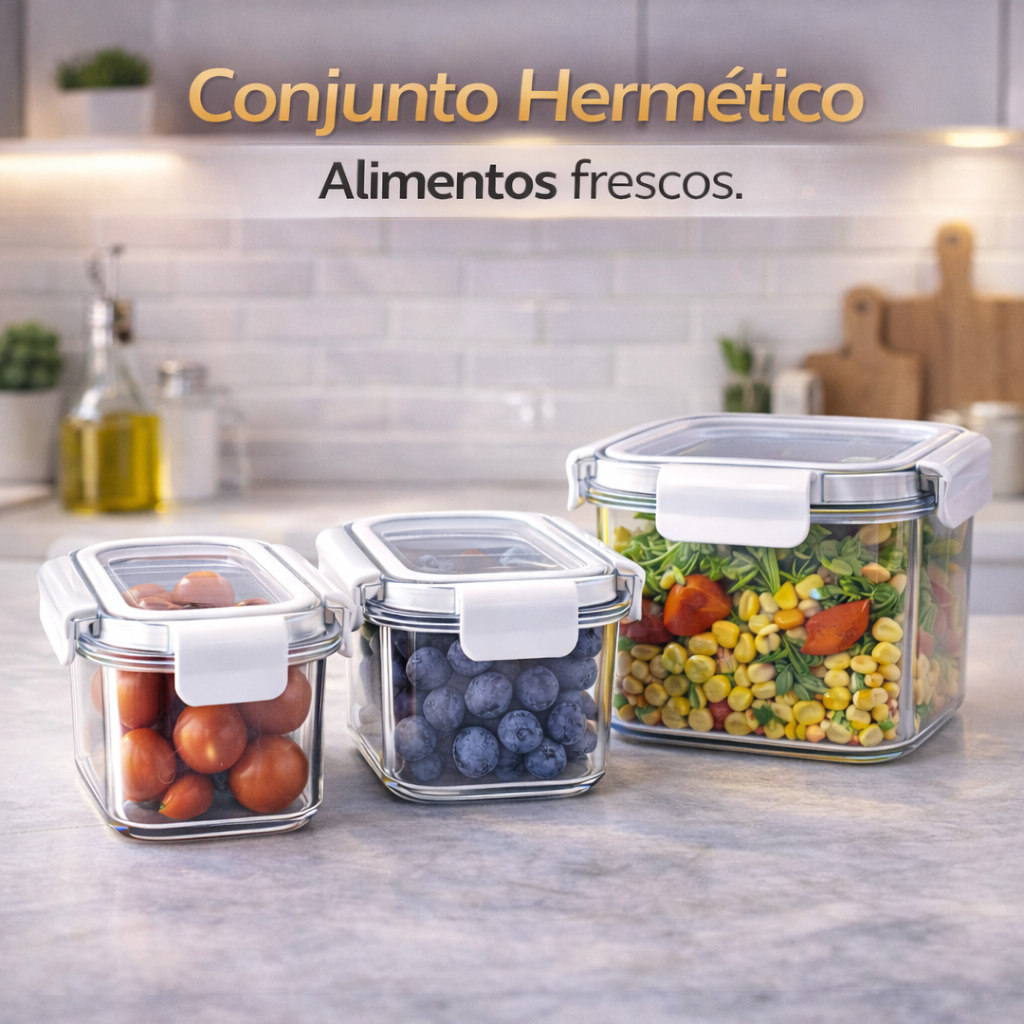 Potes Herméticos com Trava Kit Com 3 Retangular Organizador Alimentos Geladeira Transparente Vedação