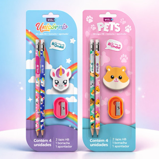 KIT ESCOLAR UNICÓRNIO OU PETS 4 PEÇAS - 2 LÁPIS HB + BORRACHA + APONTADOR em Oferta na Shopee