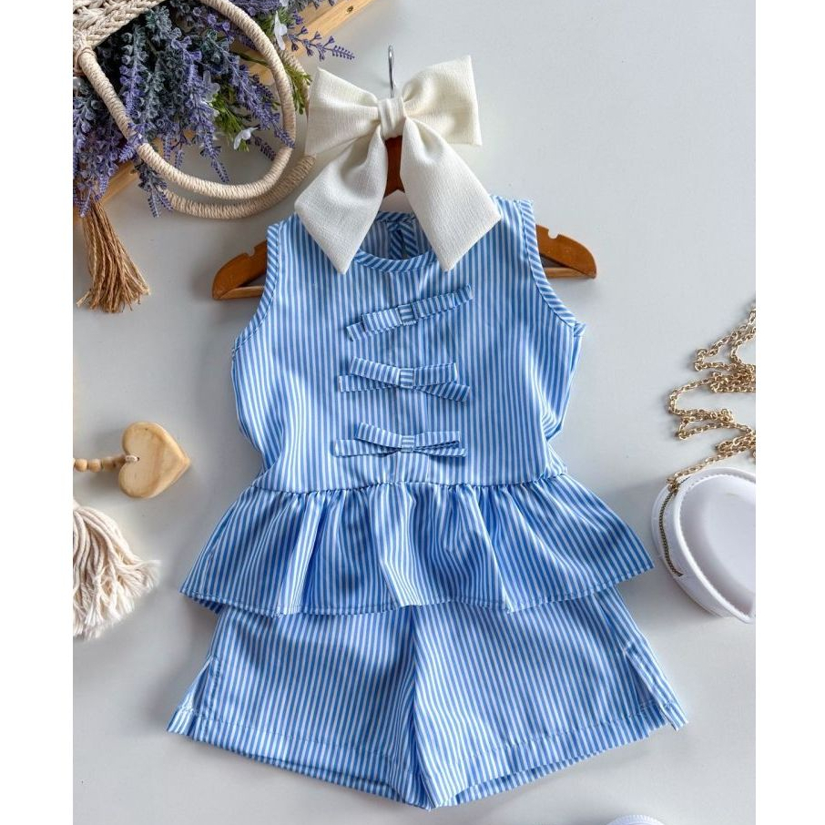 Conjunto Infantil e Juvenil 2 Peças Listrado Com Laço Para Meninas elegantes verão