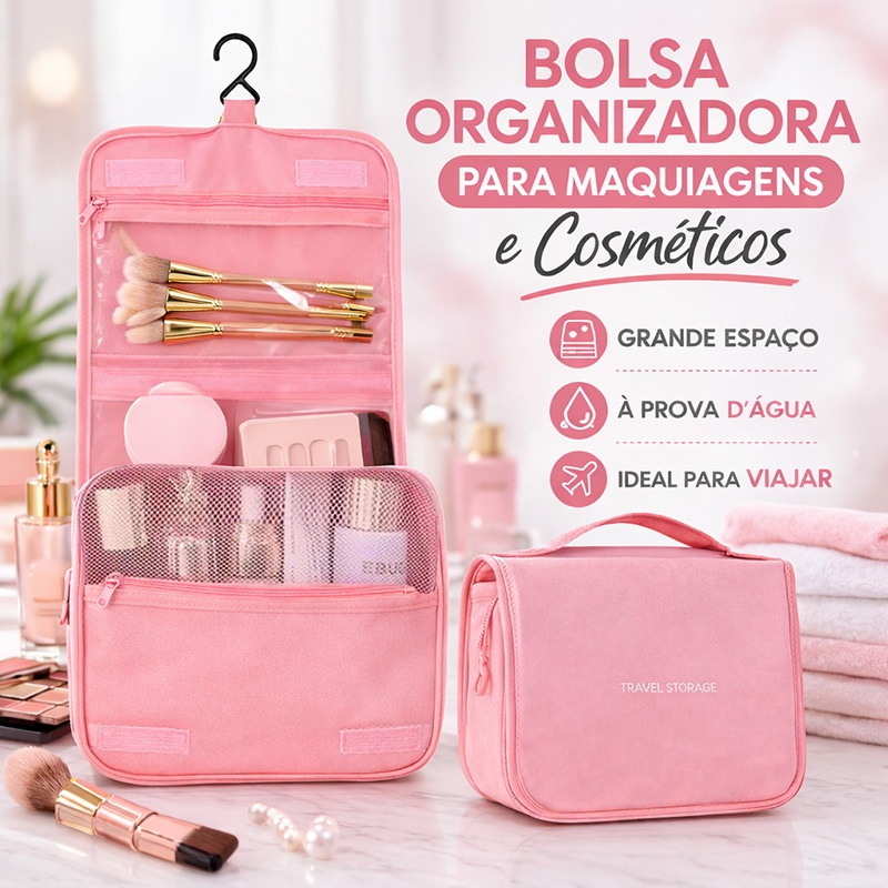 Necessaire Organizadora de Maquiagem Impermeável com Gancho, Bolsa de Cosméticos com Zíper para Viagem e Academia