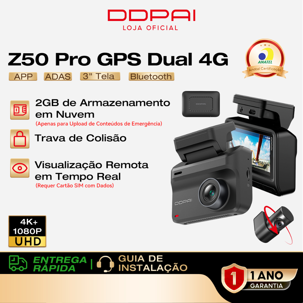 DDPAI Z50 Pro 4G Câmera Veicular Monitoramento Remoto 4K+1080P WiFi 5G 6 Integrado GPS IPS de 3'' Visão Noturna AI ISP
