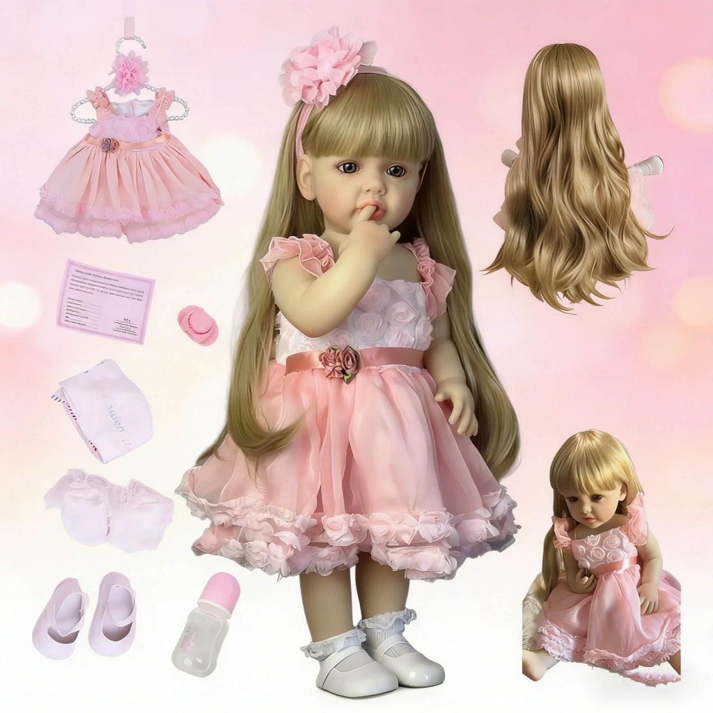 Boneca Reborn 100% Silicone Original Menina 55 cm cabelo comprido dourado