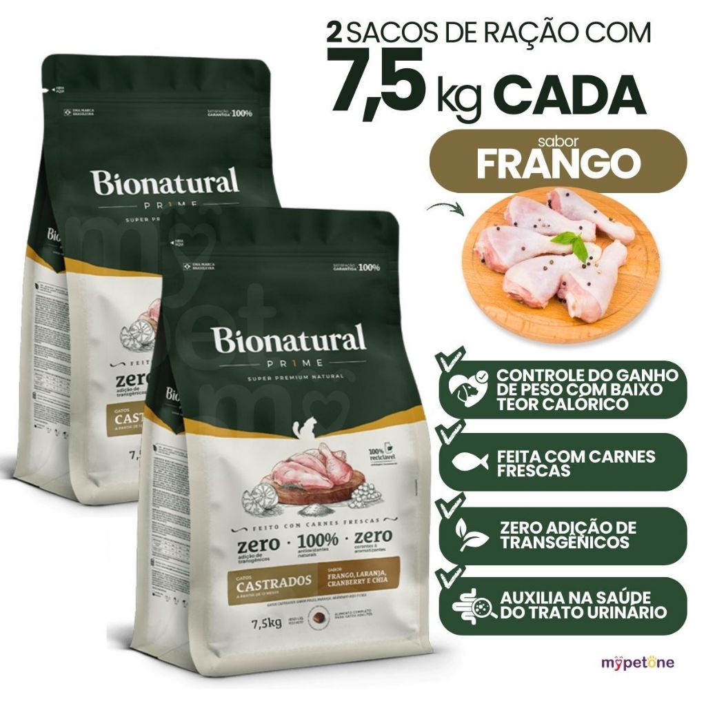 2 Ração Bionatural para Gatos Castrados Sabor Frango 7,5kg – Nutrição Completa Premium