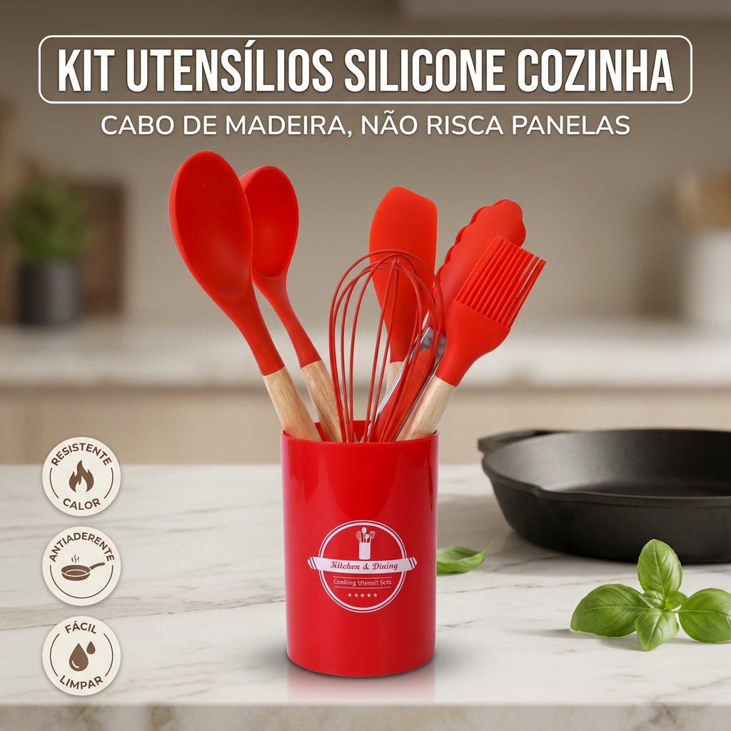 Jogo de Utensílios de Cozinha Silicone Vermelho Cabo Madeira 7 Peças Com Suporte Organizador Antiaderente Luxo