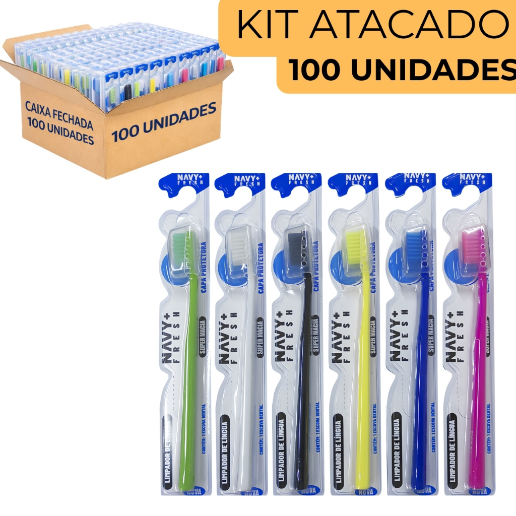 Kit 100 Escovas de Dente Adulto Extra Macia com Capa Protetora e Limpador de Língua Atacado