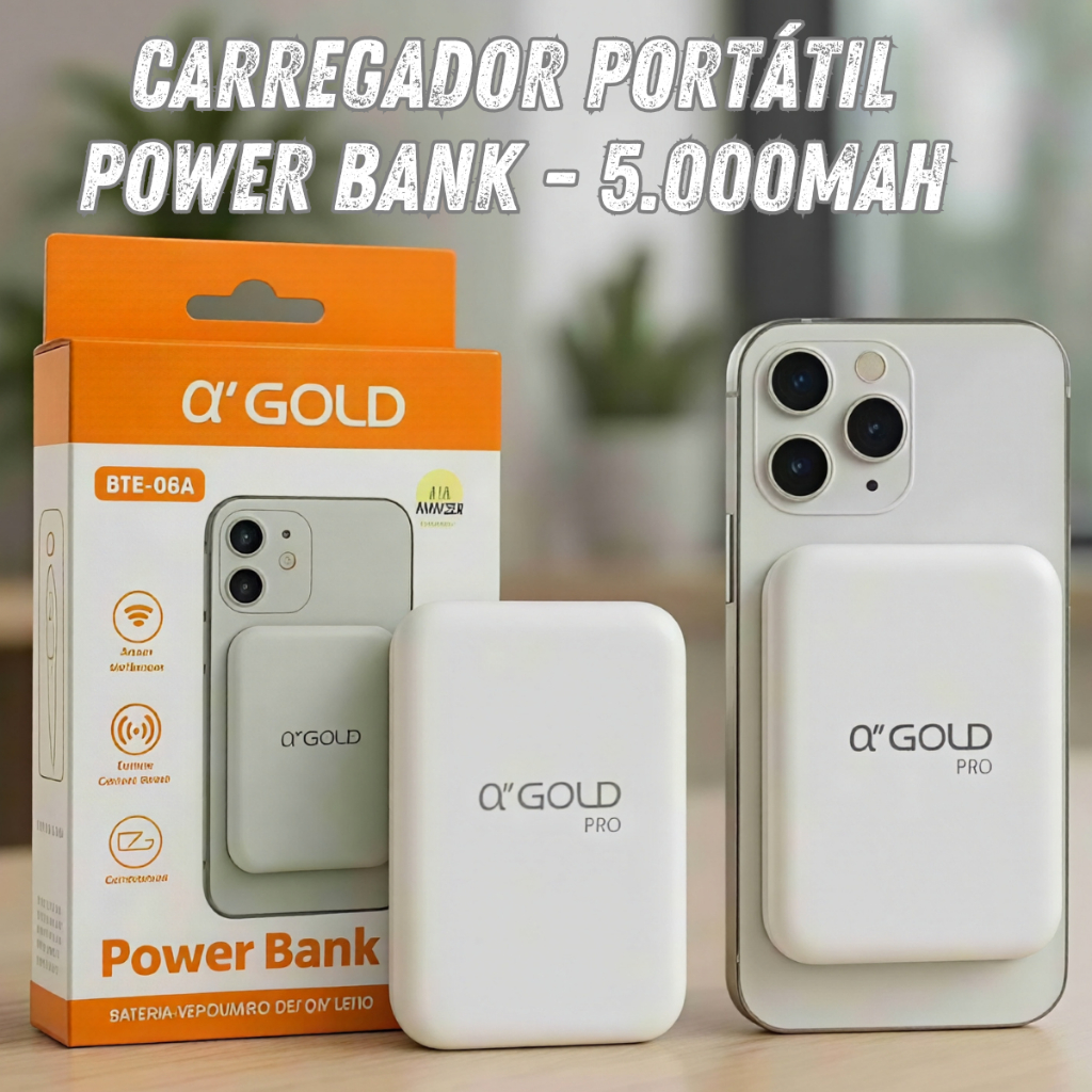 Power Bank Carregador Portátil Por Indução 5.000mAh Magnético Sem Fio Gold iPhone 12 13 14 15 16 17 Pro Max Turbo