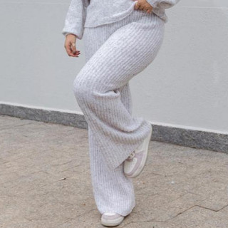 Calça Feminina Tricot Canelada Fio Mousse Flare Cintura Alta Confortável Moda Inverno Calça Feminina