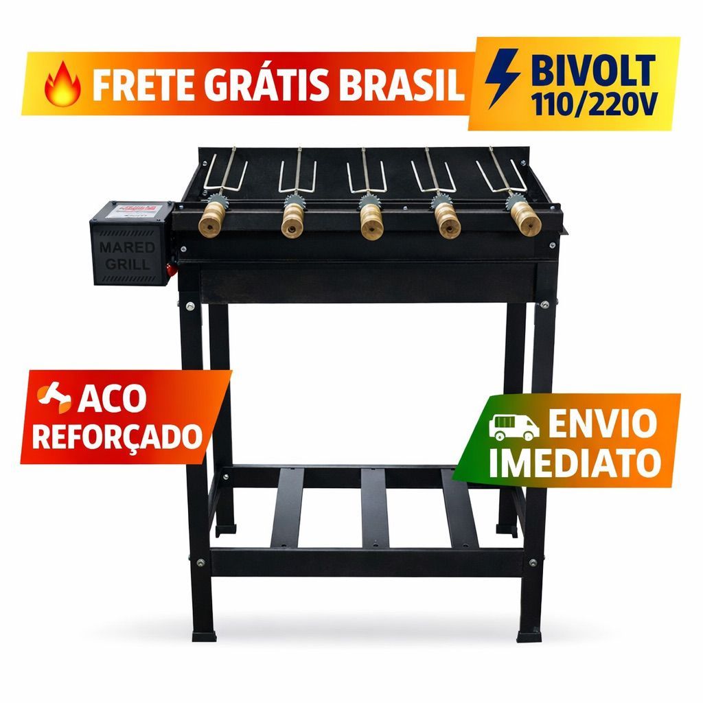Churrasqueira Gira Gril 5 espetos Com Caçamba Rebaixada Preta
