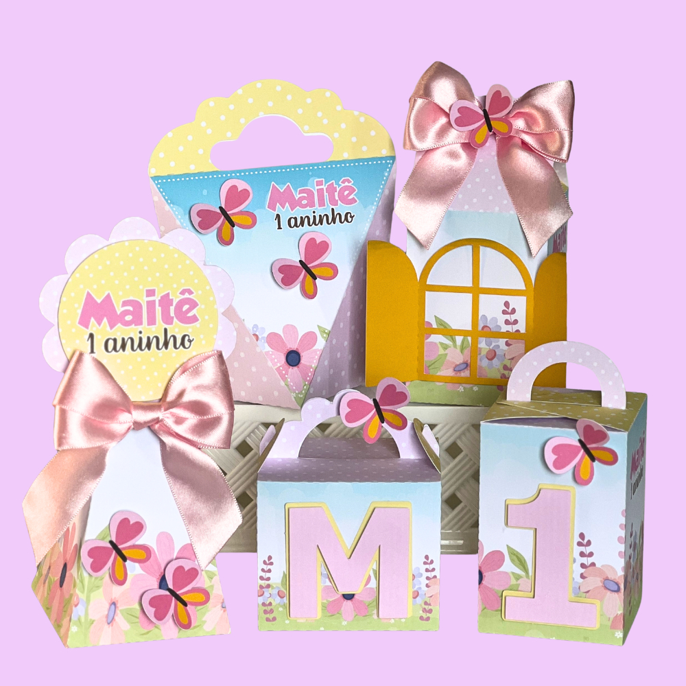 Kit 15 Caixinhas Personalizadas Tema Jardim das Borboletas Com Aplique 3D Lembrancinha Festa/Aniversário