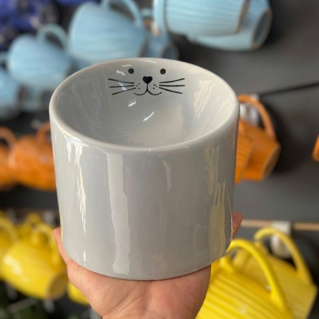 Comedouro Elevado Para Gato Cerâmica Tigela Ergonômica Postura Correta Cinza/Branco Com Carinha — imagem 2 de 2