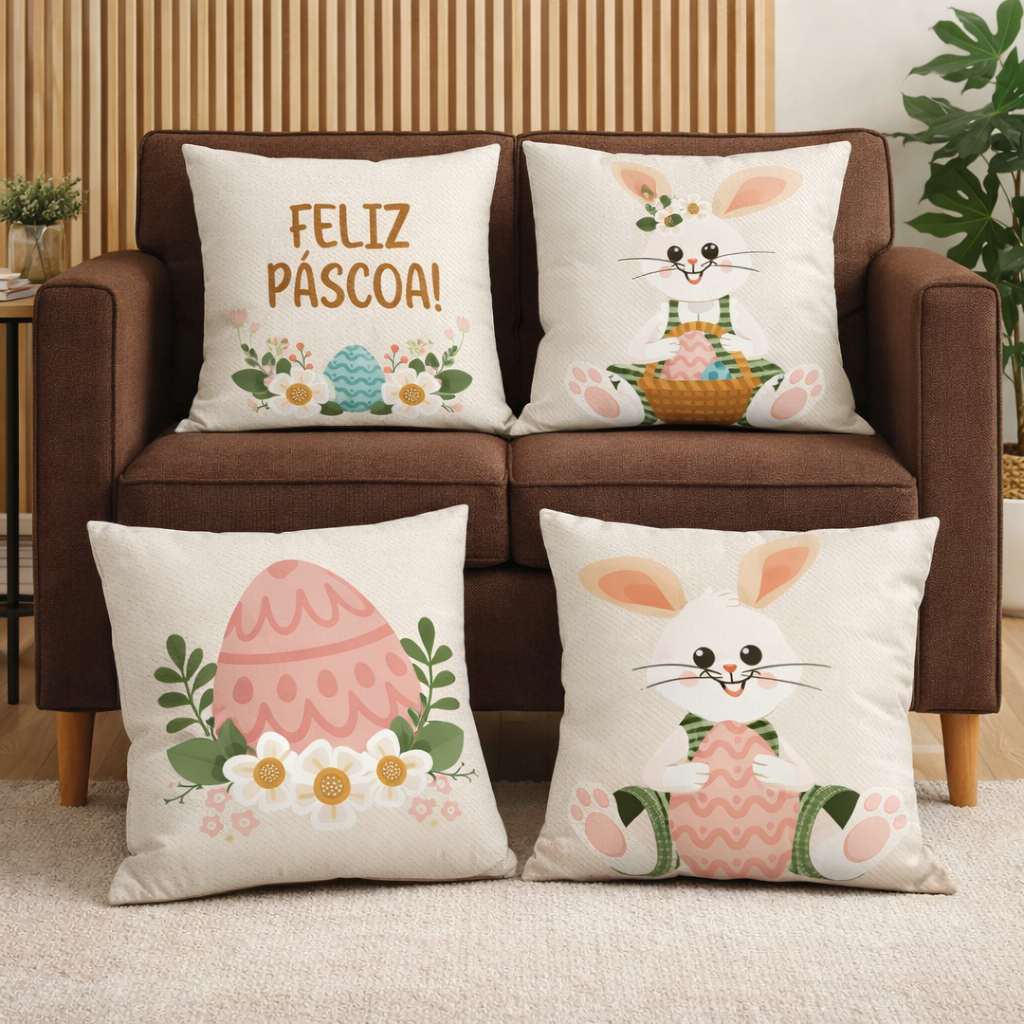 Kit com 4 Capas para Almofadas Decorativas Coelho e Coelha da Páscoa em Oferta na Shopee