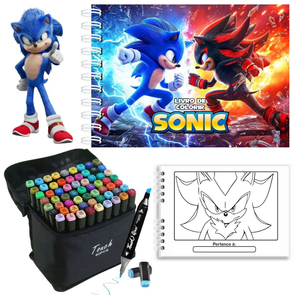 Kit Livro De Colorir Sonic + Canetas Marcador Ponta Dupla 60 Cores Capa Dura 50 Páginas 180g A5