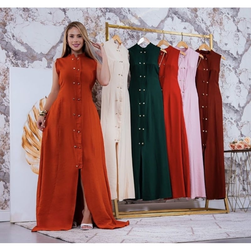 Vestido Longo Elegante Acinturado Botões Frontais Elastex nas Costas Tecido Alfaiataria Sensorial Confortável