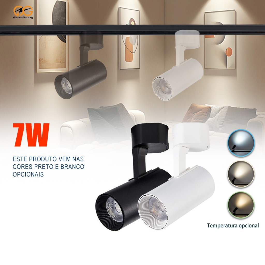 Kit Spot LED Trilho Eletrificado 7W Cor Preto/Branco + Trilho | Bivolt Luz Frio Neutro Quente em Oferta na Shopee