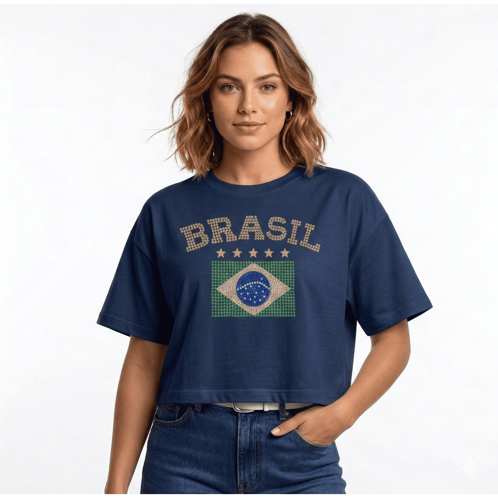 Cropped Oversized Strass Brilho Brasil Feminino Copa do Mundo Estampa Bandeira 100% Algodão