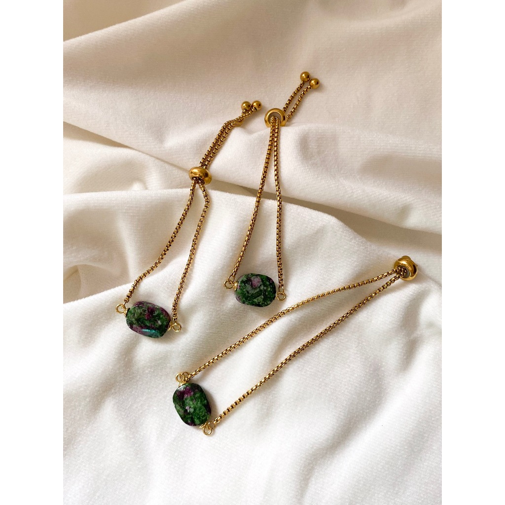 Pulseira Gravatinha Rubi Zoisita Pedra Natural Corrente em Aço Inoxidável