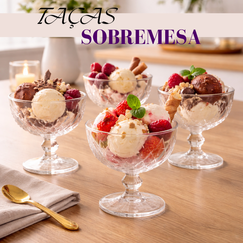 Jogo 4 Taças de Sobremesa Vidro Diamond Elegante para Sorvete Açaí Mousse 400ml