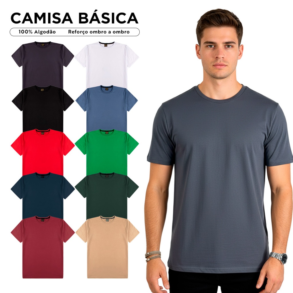 Kit 5 Camisetas Básicas Masculina 100% Algodão Cores Tendência Reforço Ombro a Ombro
