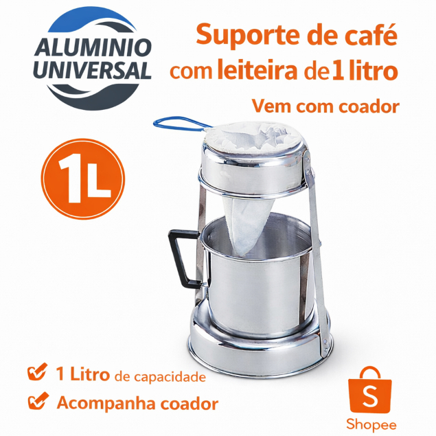 Kit Suporte para Café com Leiteira 1 Litro + Coador de Pano Alumínio Universal Café Coado Tradicional