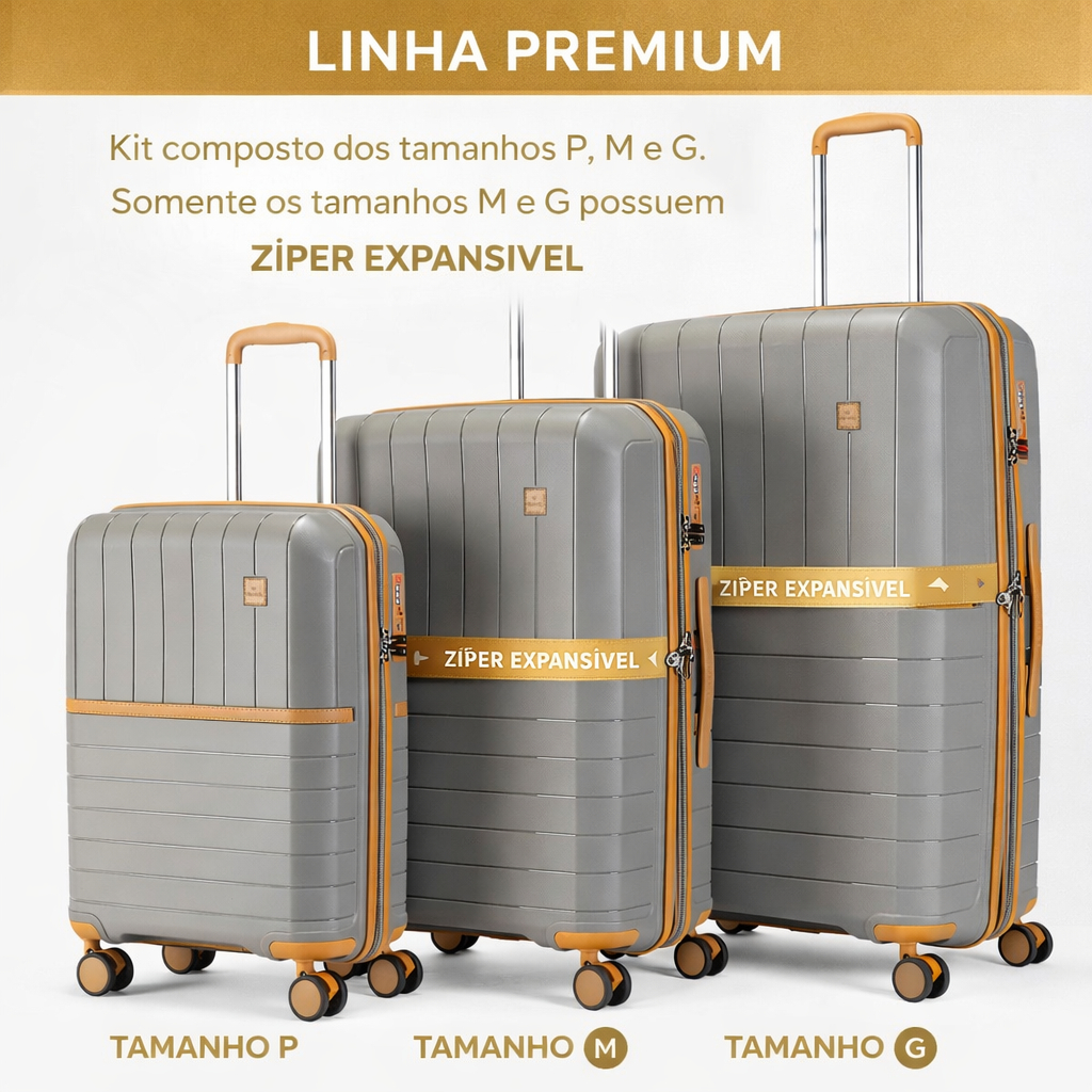 Imagem Kit 3 Malas ABS Premium Primicia Bordo Viagem TSA Rodinhas 360 Padrão Anac Expansível