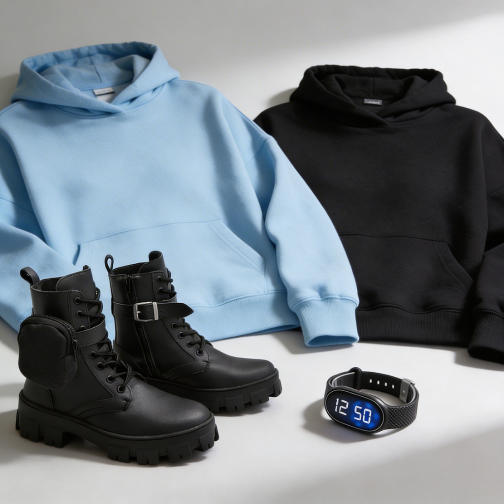 Kit Feminino Completo 2 Moletons Canguru + Bota Blogueirinha Tratorada Preta + Smartband Look Casual Inverno Promoção