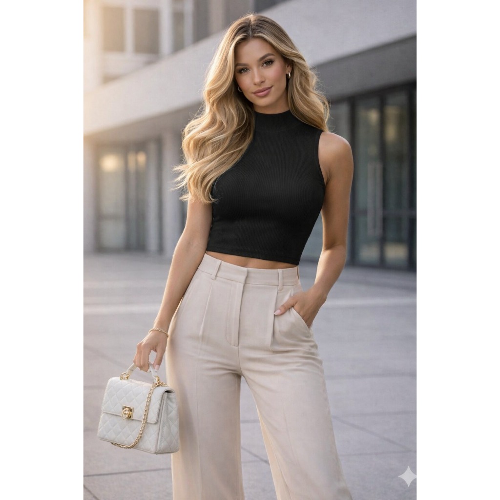 Blusa Cropped Ribana Canelada Feninina Adulto Versátil