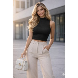 Blusa Cropped Ribana Canelada Feninina Adulto Versátil