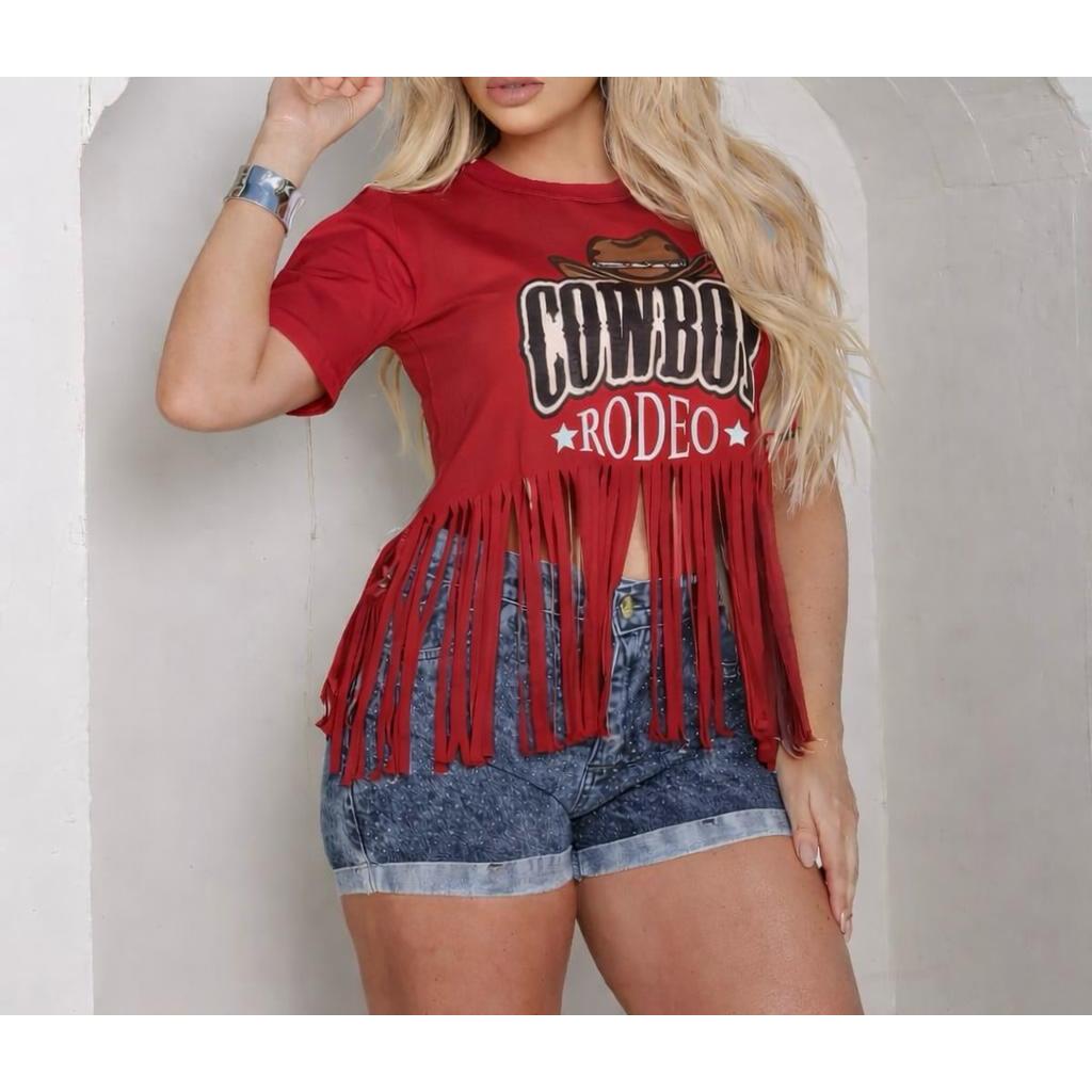 T-shirt Feminino Country Cowboy Rodeo com Franjas Manga Curta