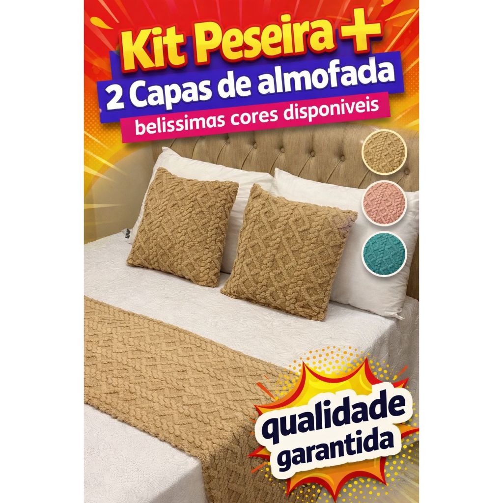 Kit Manta Peseira + Capas de Almofada para Cama e Sofá Cama Casal Queen Decoração