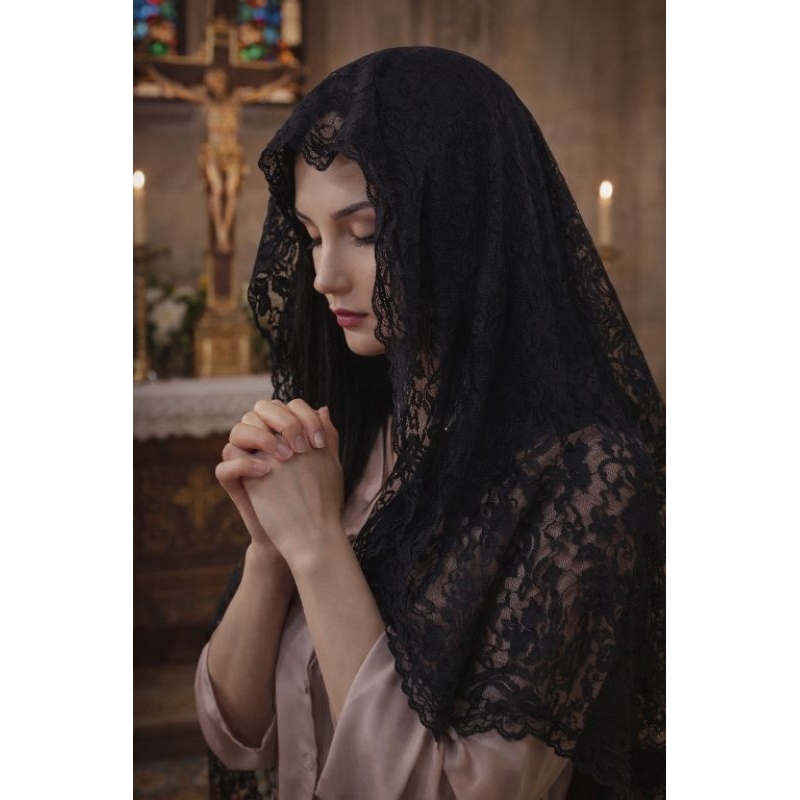 véu Católico para Missa e orações preto Nossa Senhora da Assunção com presilha e saquinho Porta véus