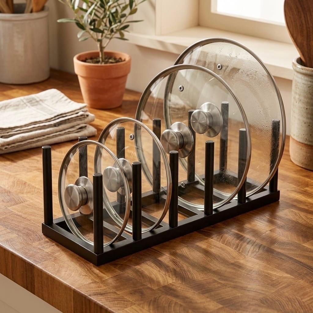 Suporte Organizador de Tampas de Panela Para Armário Cozinha Sem Furo