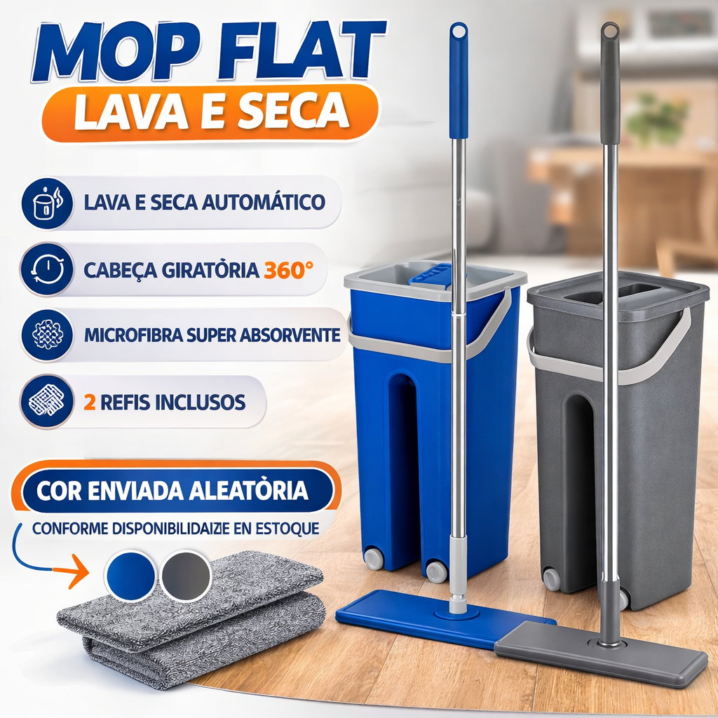 Mop Rodo Flat Lava e Seca Com Balde 5L + 2 Refis Microfibra Rodo Limpeza 360 Graus
