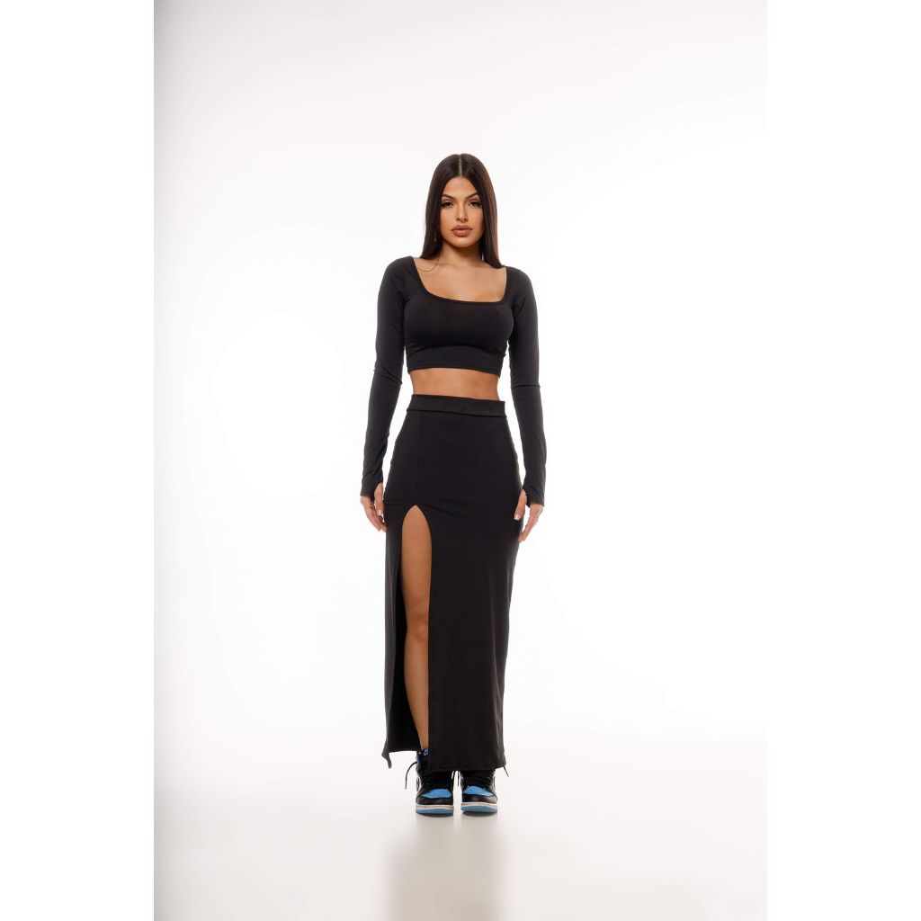 Conjunto Manga Longa Decote Quadrado Com Lufinha Outfit Saia Fenda Lateral Suplex Premium em Oferta na Shopee