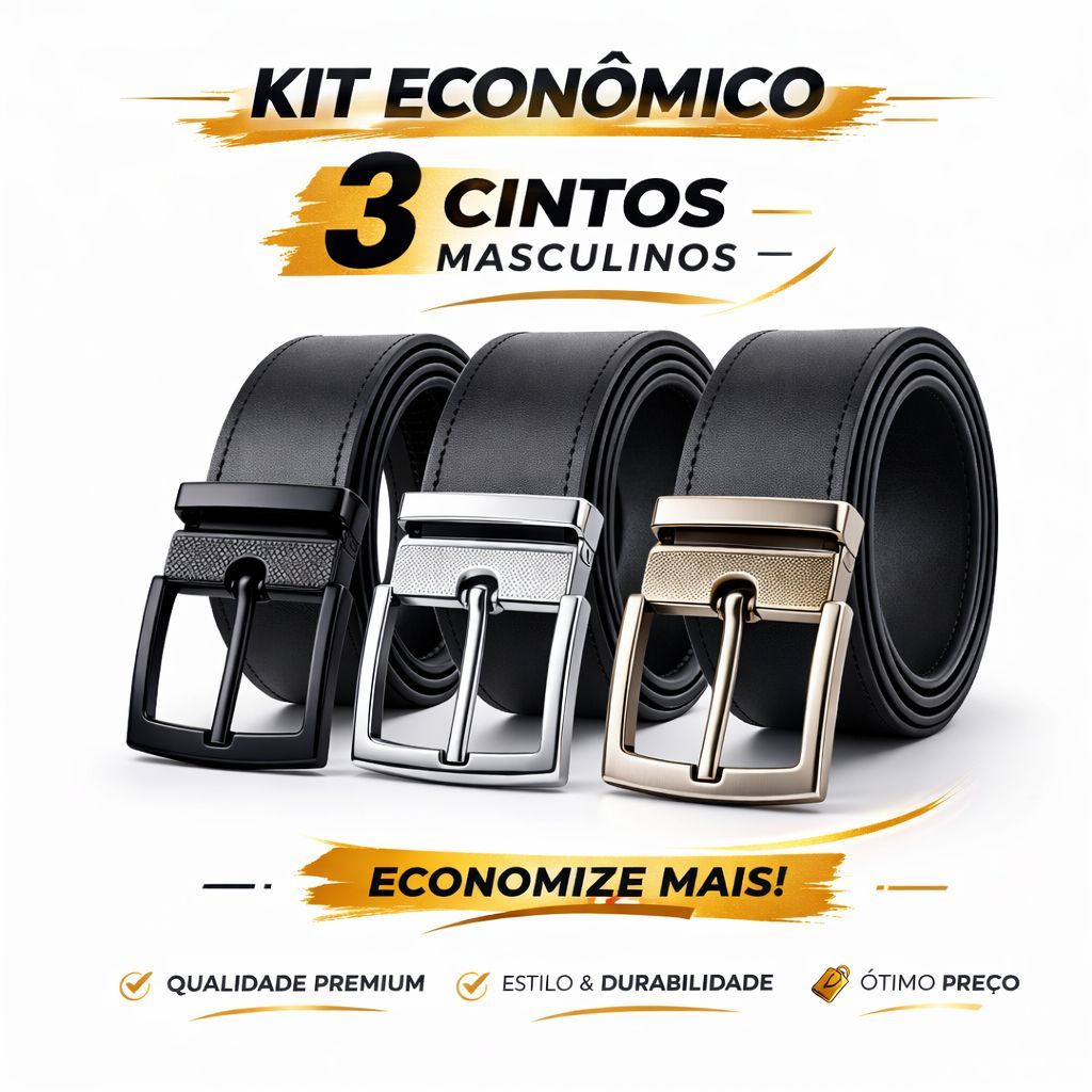 Kit 2 ou 3 Cintos Masculinos Ajustáveis Couro Sintético, Social e Casual, Fivela Removível Preto Grafite Níquel